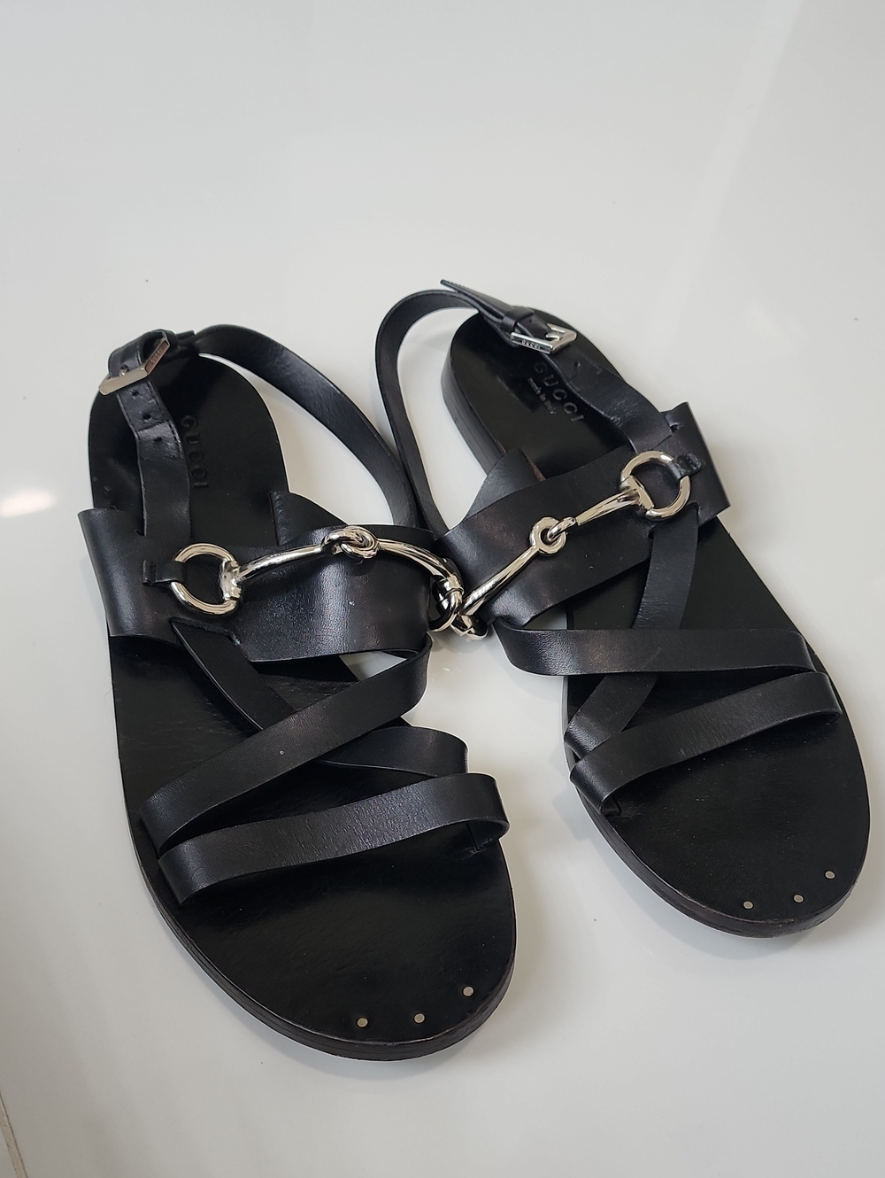 GUCCI Juliette Black Leather Horsebit Sandals